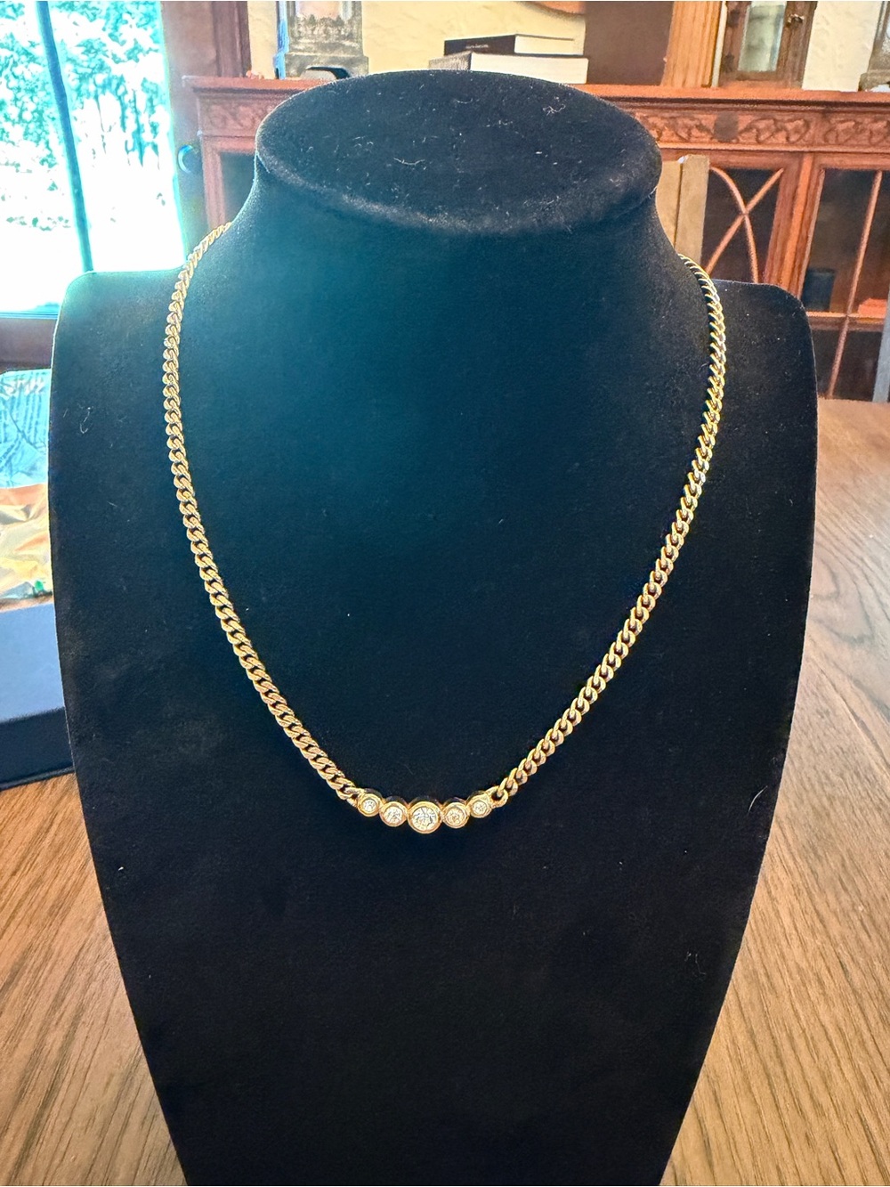 Vintage Christian Dior 5 Bezel Crystal Flat Curb Chain Necklace Gold Tone